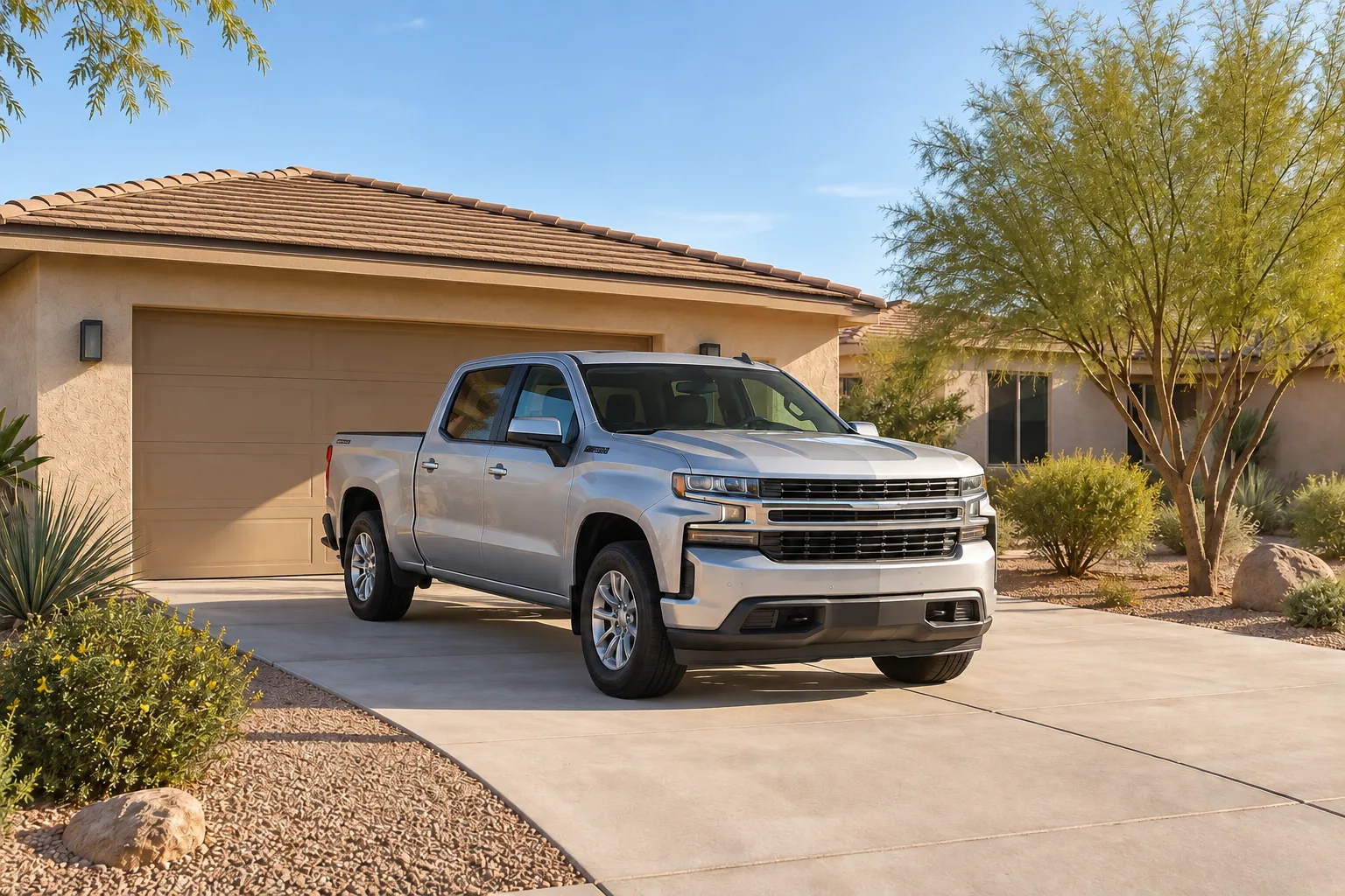 Design visualization of a silver pickup on an uncovered driveway